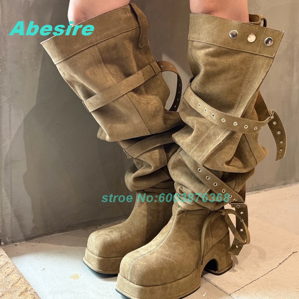 Street Fashion Y2K - Sepatu bot setinggi lutut berbahan suede